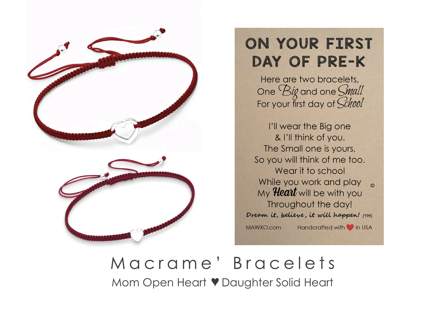 First Day of Pre-k Bracelets ‖ Sterling Silver Heart Bracelet ‖ Adjustable Friendship Bracelet ‖ Mother Daughter Macrame' Bracelets